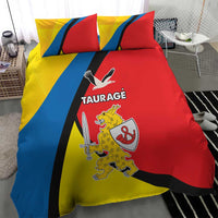 Red, yellow, and blue bedding set with “TAURAGE” text and coat-of-arms graphic