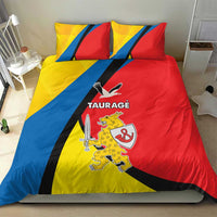Bedding set in red, yellow, and blue with “TAURAGE” logo, sword, and lion crest