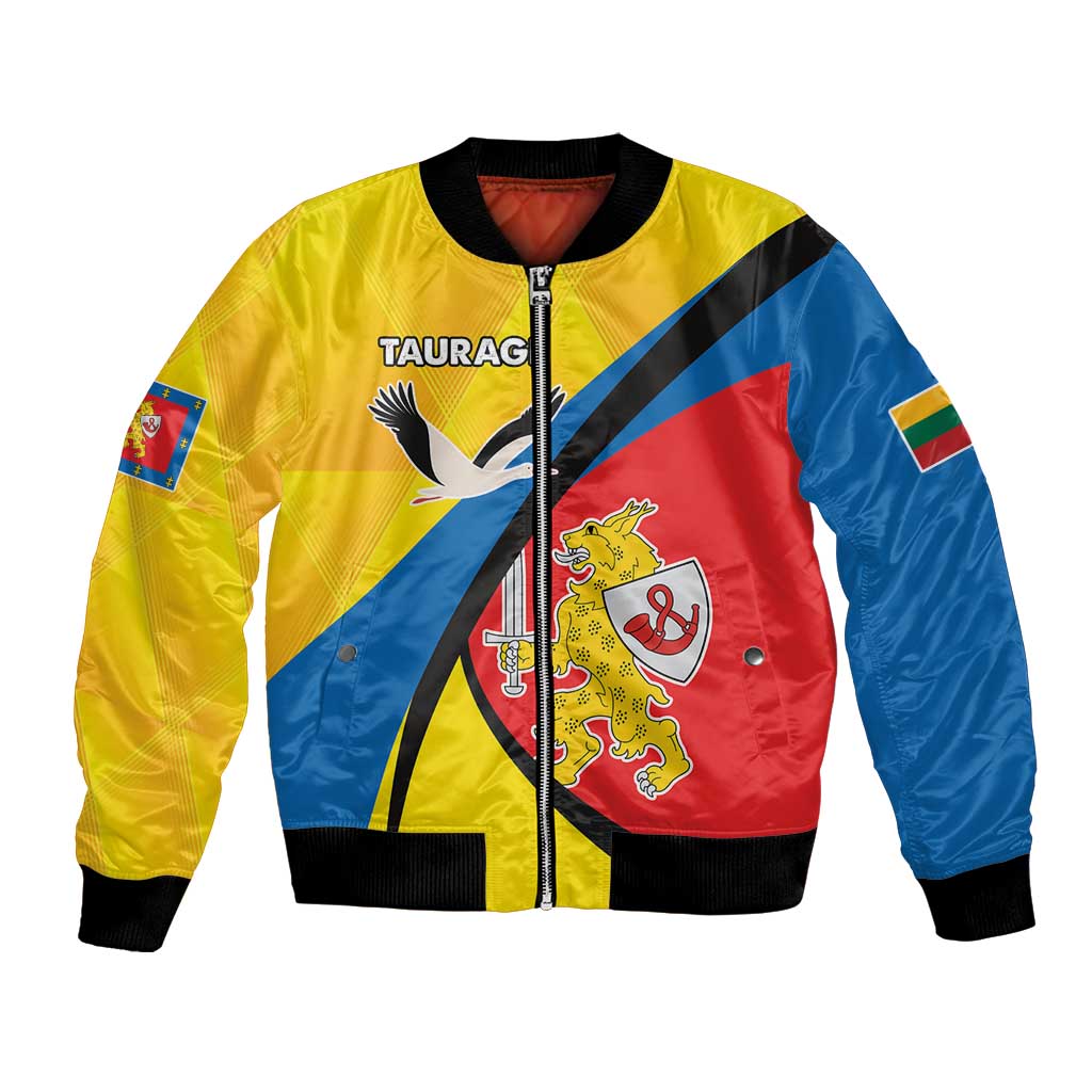 Yellow unisex bomber jacket with full zip, ribbed cuffs, and multicolor shield graphic