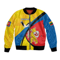 Yellow unisex bomber jacket with full zip, ribbed cuffs, and multicolor shield graphic