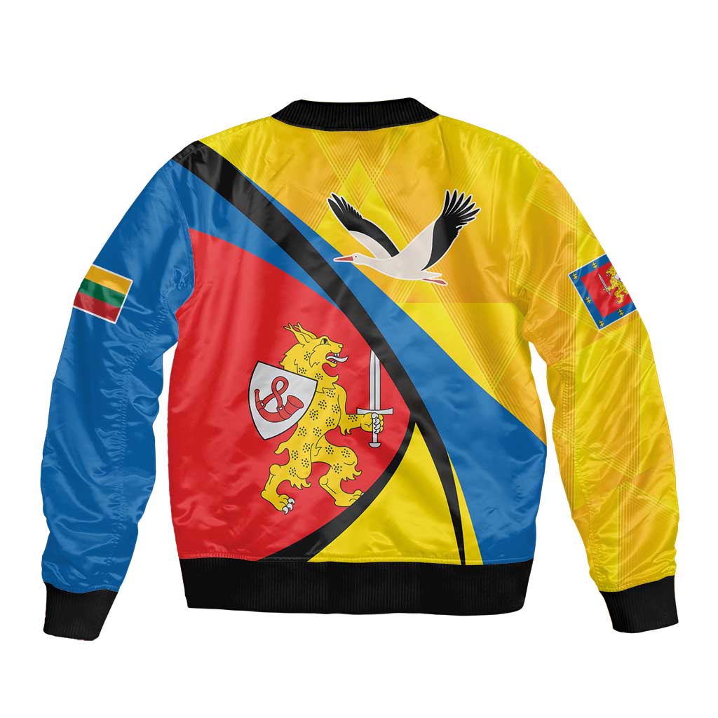 Yellow bomber jacket back with large lion-and-bird emblem and black diagonal stripe