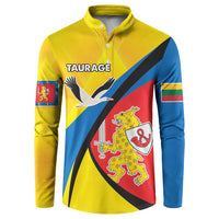Yellow button sweatshirt with blue-red diagonal graphic, eagle and crest, long sleeves