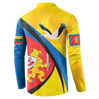 Yellow button sweatshirt back with diagonal blue stripes, eagle graphic and crest