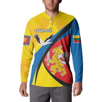 Yellow button sweatshirt on model, TAURAGE eagle and crest with blue-red diagonal
