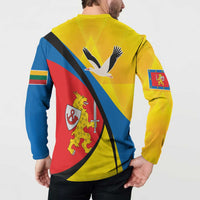 Yellow button sweatshirt back view on model, eagle and coat-of-arms on blue stripes