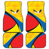 Set of 4 yellow car floor mats with triangular flag pattern and black bird design