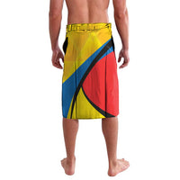 Yellow graphic knee-length shorts, back view with red, blue geometric panels