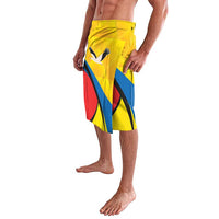 Yellow graphic knee-length shorts, side view with bird emblem and red-blue shapes