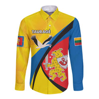 Yellow long-sleeve button shirt with front collar and large sports crest graphic