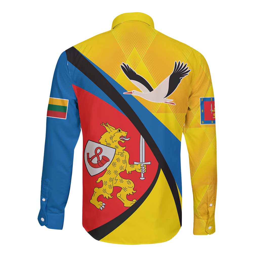 Yellow long-sleeve button shirt back view with sports crest, eagle and diagonal stripes