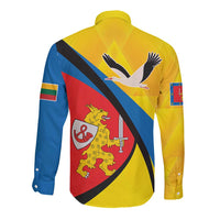 Yellow long-sleeve button shirt back view with sports crest, eagle and diagonal stripes