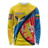 Unisex yellow long-sleeve shirt with Taurage crest and bird graphic, front view