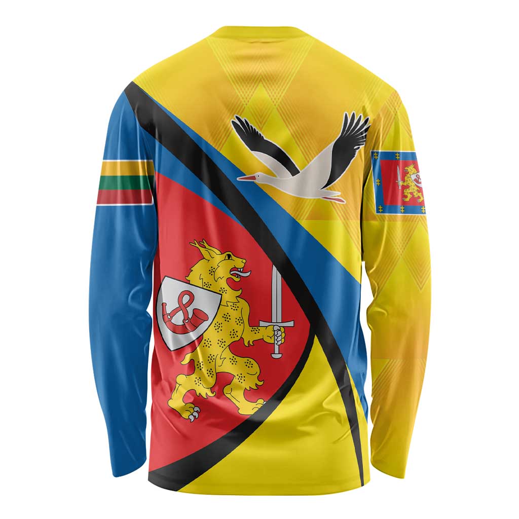 Unisex yellow long-sleeve shirt with Taurage crest and bird graphic, back view