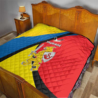 Taurage-themed quilt on bed, yellow and blue stripe with red panels and crest