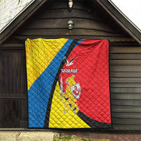 Taurage-themed quilt hanging at entry, yellow blue red panels with black diagonal stripe
