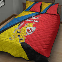 Taurage quilt bed set blanket with flag colors, crest, and TAURAGE emblem; two pillows