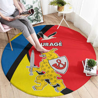 Round carpet with red center and blue side panels, Taurage emblem