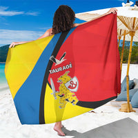 Taurage-themed sarong with red, yellow, and blue panels and black graphic stripe