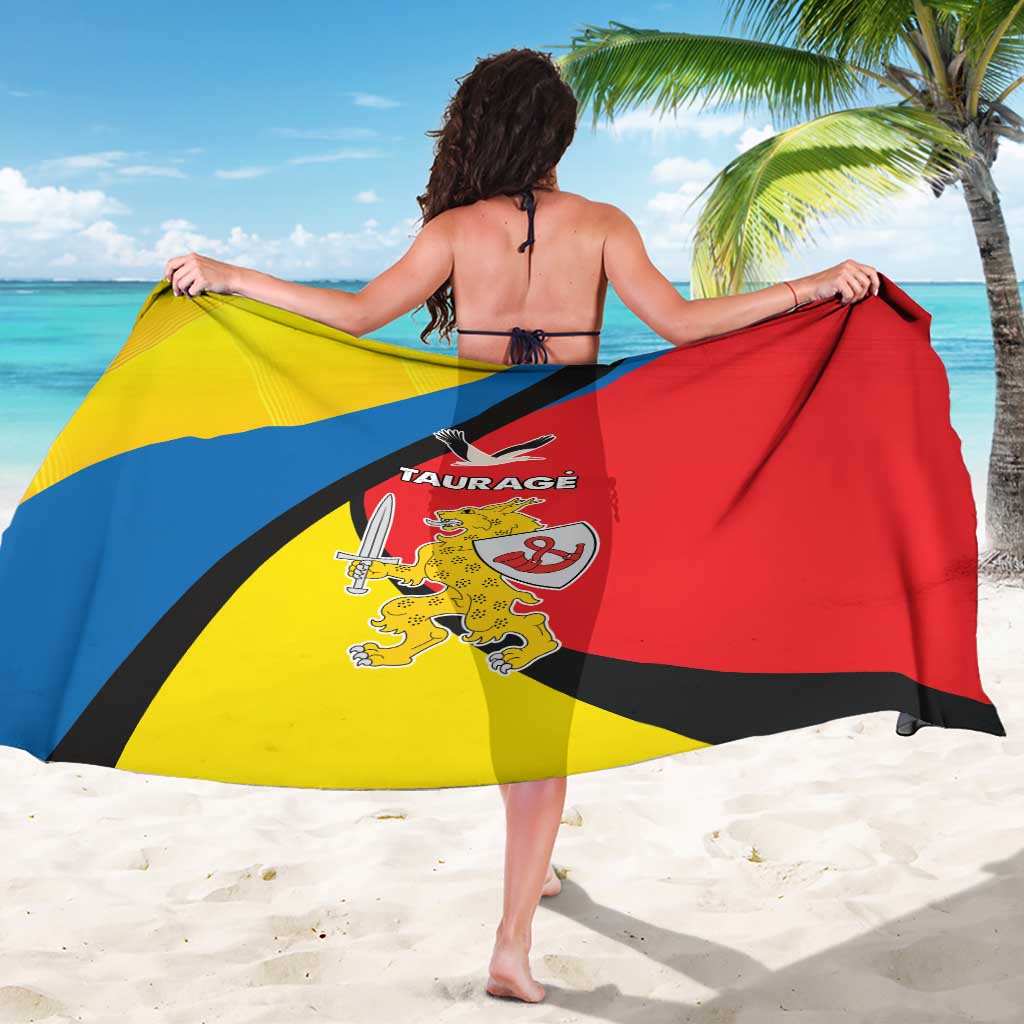 Red, yellow, and blue Taurage sarong draped across back with crest emblem