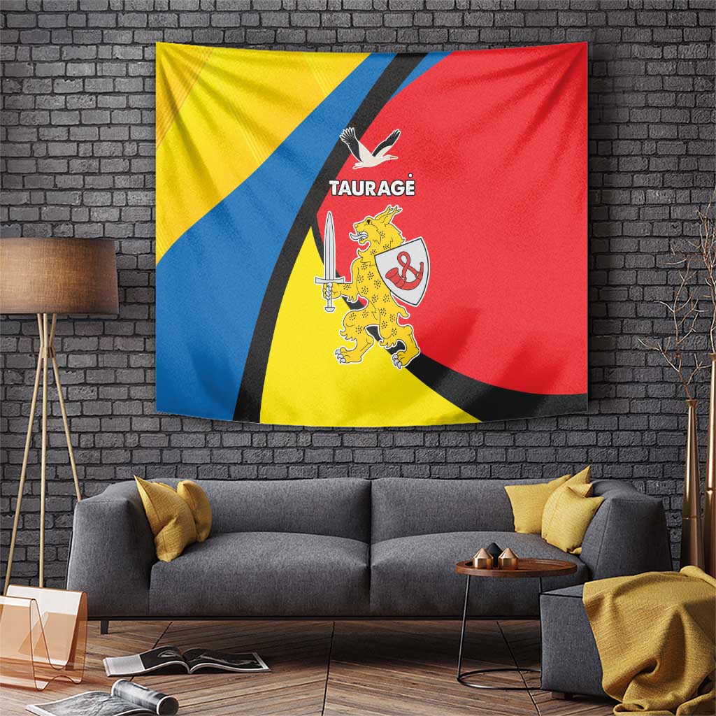 Taurage tapestry flag with red, yellow, and blue stripes, black arc, and crest