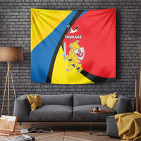 Taurage tapestry flag with red, yellow, and blue stripes, black arc, and crest