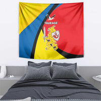 Taurage tapestry flag wall hanging with red, yellow, and blue design and crest