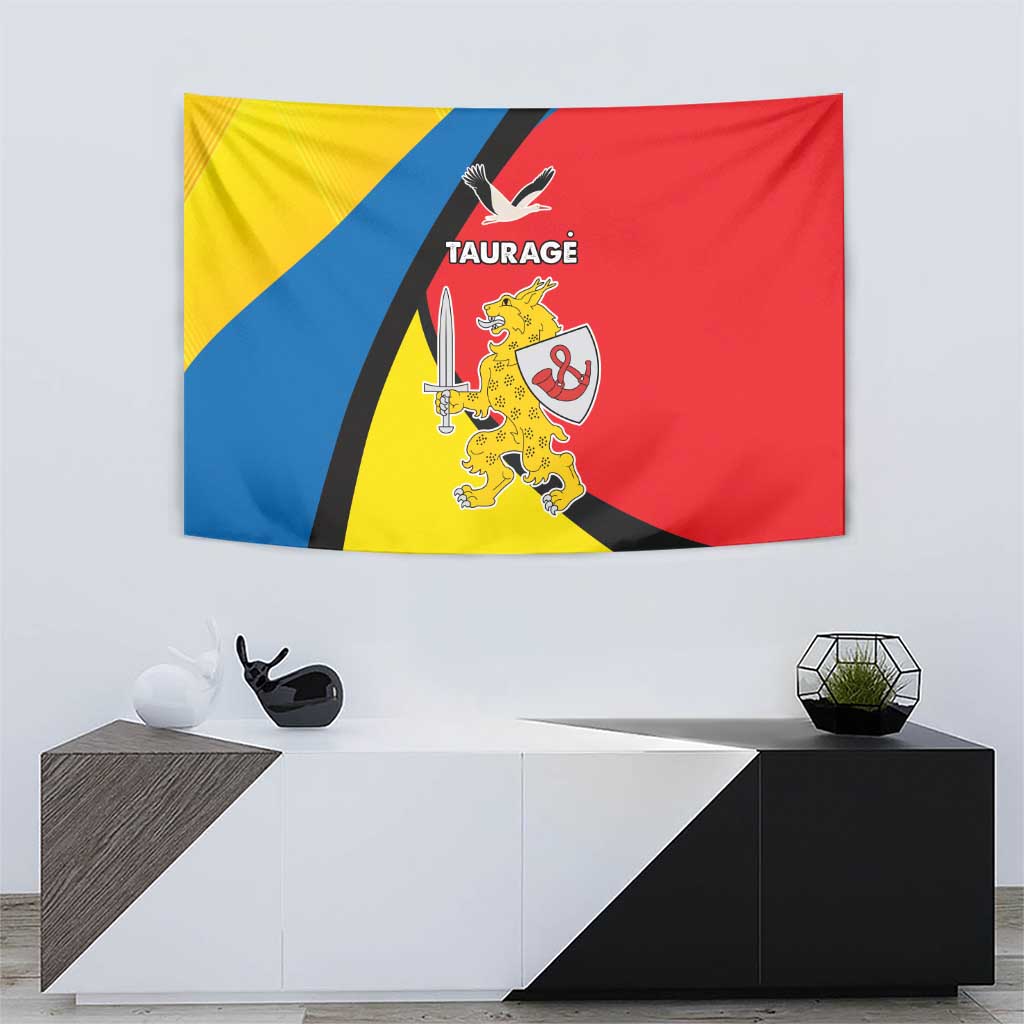 Taurage tapestry flag with red and yellow fields, blue diagonal stripe, and coat of arms
