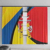 Window curtain panels with yellow, red, and blue diagonal stripe crest design