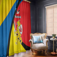 Yellow and red window curtain with blue stripe and coat-of-arms style print