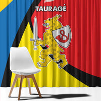 Close-up window curtain panel with Taurage crest, sword shield, and striped colors