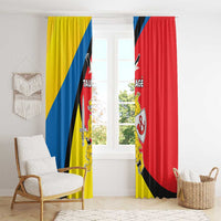 Yellow and red window curtain panels with crest graphic and blue diagonal stripe