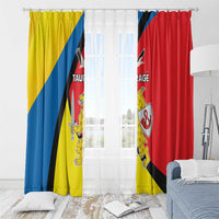 Window curtains with yellow and red panels, blue stripe, and crest design on sheer backing