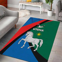 Green, blue, and red area rug with UTENA lettering, horse figure, black stripe, and star.