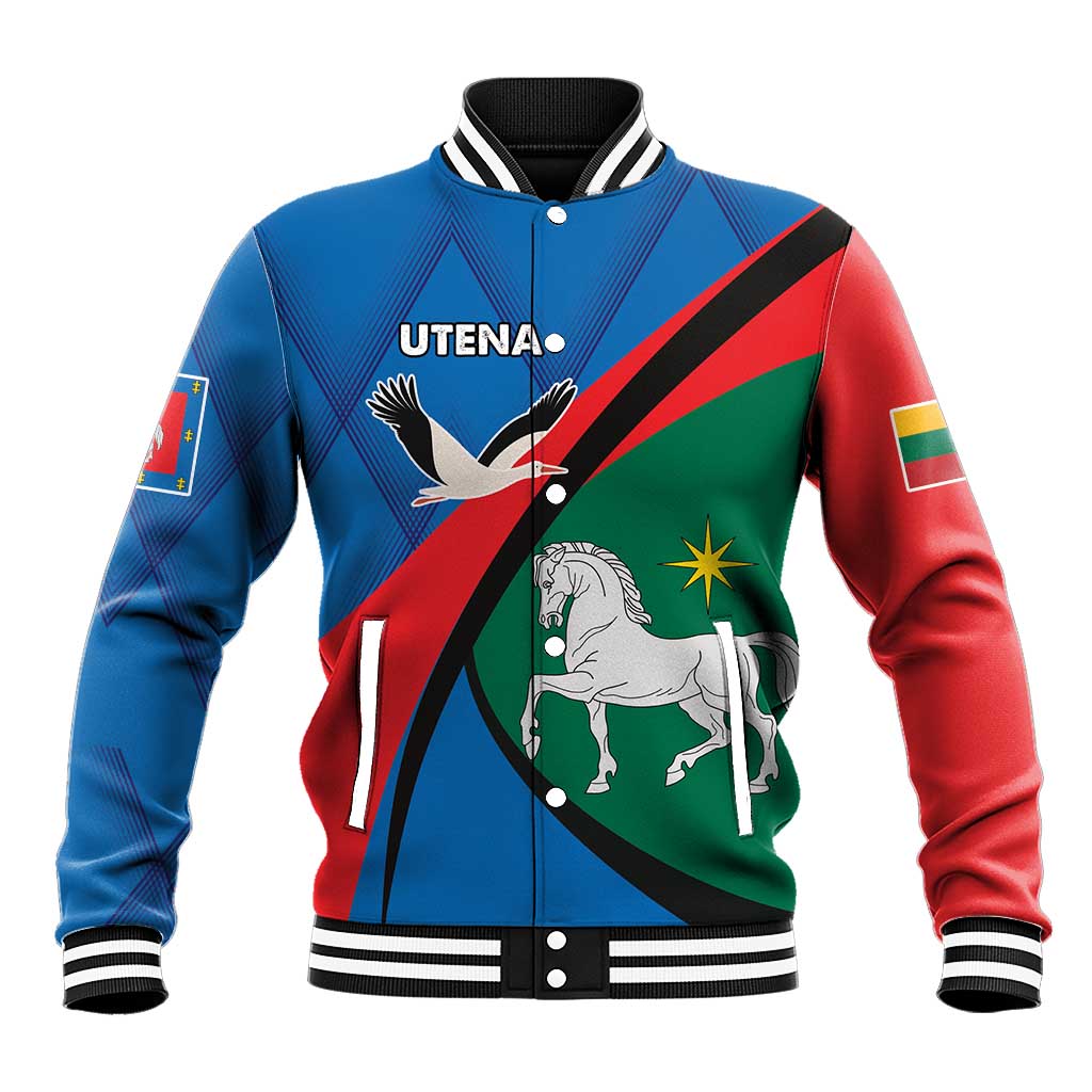 Blue varsity baseball jacket with snap front, ribbed collar, and multicolor diagonal crest