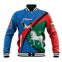 Blue varsity baseball jacket with snap front, ribbed collar, and multicolor diagonal crest