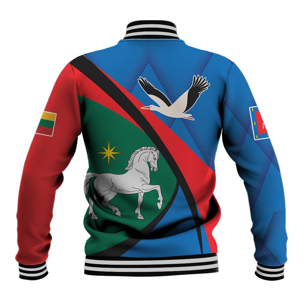 Back of blue varsity baseball jacket with ribbed collar, striped cuffs, and large crest graphic