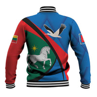 Back of blue varsity baseball jacket with ribbed collar, striped cuffs, and large crest graphic
