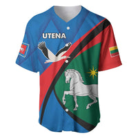 Blue baseball jersey with V-neck, button placket, bird and horse graphics, diagonal stripe panels