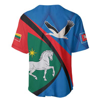 Blue baseball jersey back with flying bird, diagonal red/black/green stripes, star detail