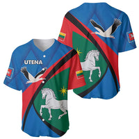 Blue baseball jersey with front and back views, bird and horse graphics, diagonal red/green stripes