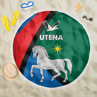 Round beach blanket, 150cm, Utena crest with horse and dove, fringed edge