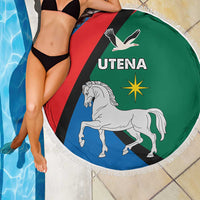 Round beach blanket, 150cm, UTENA horse and dove emblem, fringed white border