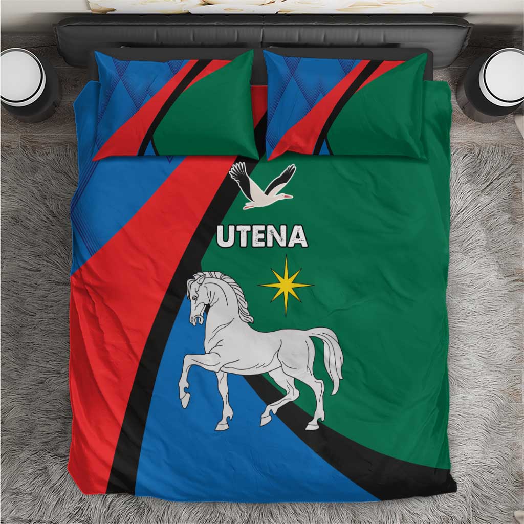 Blue, red and green bedding set with white horse and "UTENA" graphic on duvet
