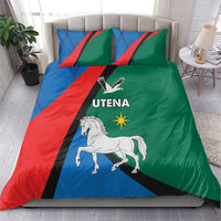 Bedding set with blue, red and green duvet and pillow featuring white horse and UTENA