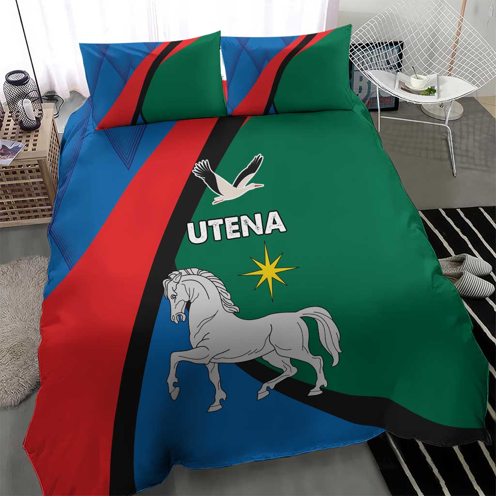 Blue, red and green duvet bedding set with white horse, UTENA text, and star graphic