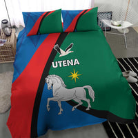 Blue, red and green duvet bedding set with white horse, UTENA text, and star graphic