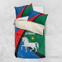 Bedding set with blue, red and green duvet and two pillows, white horse and UTENA