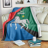 Blue, red, green Utena county flag-themed blanket with horse and eagle print