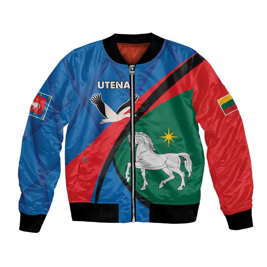 Unisex blue bomber jacket with full-zip front, ribbed cuffs, and colorful flag print
