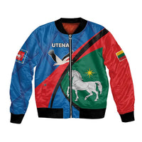 Unisex blue bomber jacket with full-zip front, ribbed cuffs, and colorful flag print